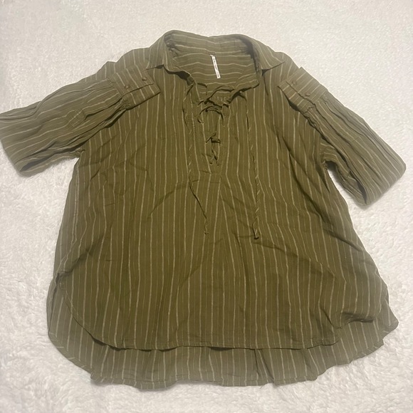 Free People Tops - Free People Under The Boardwalk Tunic Top XS Olive Green Striped Linen blend